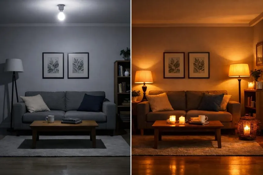 Comparison between a cool-lit living room and a warm-lit living room